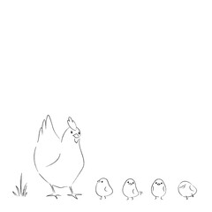 にわとりとひよこのイラスト　モノクロ © Kiritami