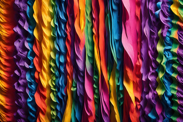 colorful background,streamers of rainbow crepe paper are coming from all directions, pulled tight, interwoven to cover the screen, multicolor, bright, energetic, realism, Mysterious