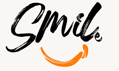 Smile Hand drawn grunge calligraphic. Urban typography hipster street art graffiti slogan, Just Smile Typographic Design poster with Ink Splotches on black Background.