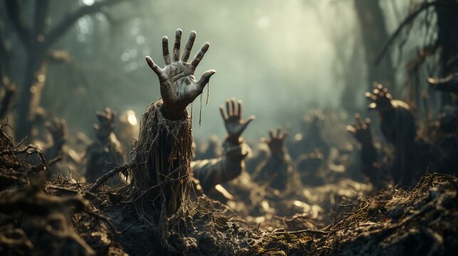 Zombies rise from the dead in a dark scary forest at night and pull their hands out of the ground for the Halloween holiday