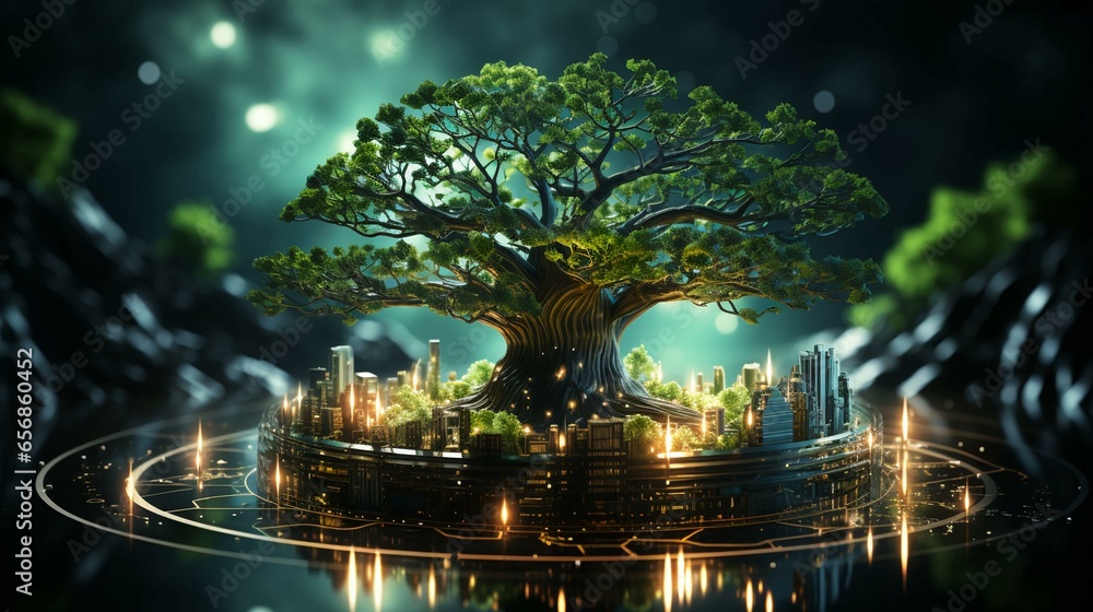 Poster green natural eco-friendly tree and computer technology on an abstract high-tech futuristic backgrou