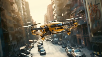 EVTOL or electric vertical take-off and landing aircrafts flying through the city. eco-friendly, sustainable concept. - obrazy, fototapety, plakaty