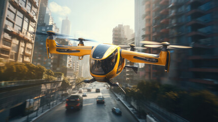 EVTOL or electric vertical take-off and landing aircrafts flying through the city. eco-friendly, sustainable concept.