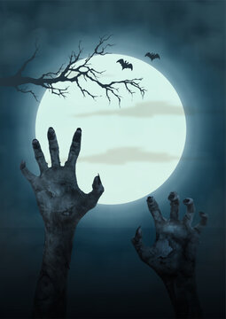 Greeting card and poster Black silhouette of graveyards and devils hands in Halloween day horror night scene. Halloween greeting card in vector design.
