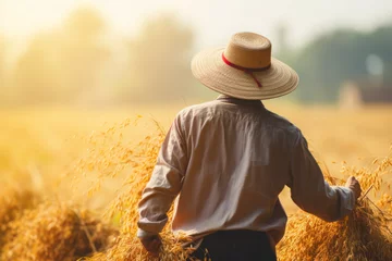 Fotobehang Farmer standing in rice field and holding straw hat on his head © Anna