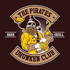 The Hand Drawn Pirates Beer Drunken Club Emblem Patch Vector Style Design