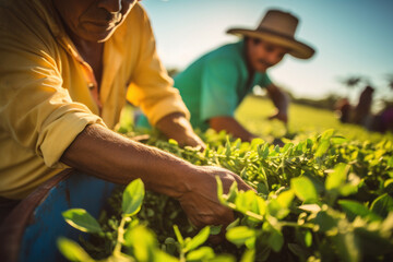 Obraz premium Farmer working on a soybean plantation in the countryside 