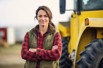 Portrait of confident female farmer standing with arms crossed in front of agricultural machinery