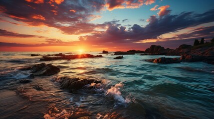 Fototapeta premium Sunrise over the sea with Panorama of beautiful clouds in the sky