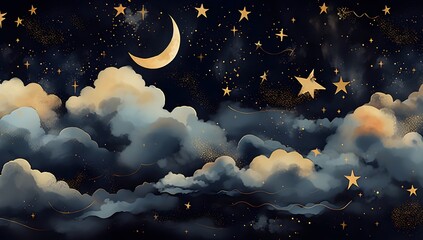 Seamless pattern of the night sky with gold foil constellations stars and clouds watercolor....
