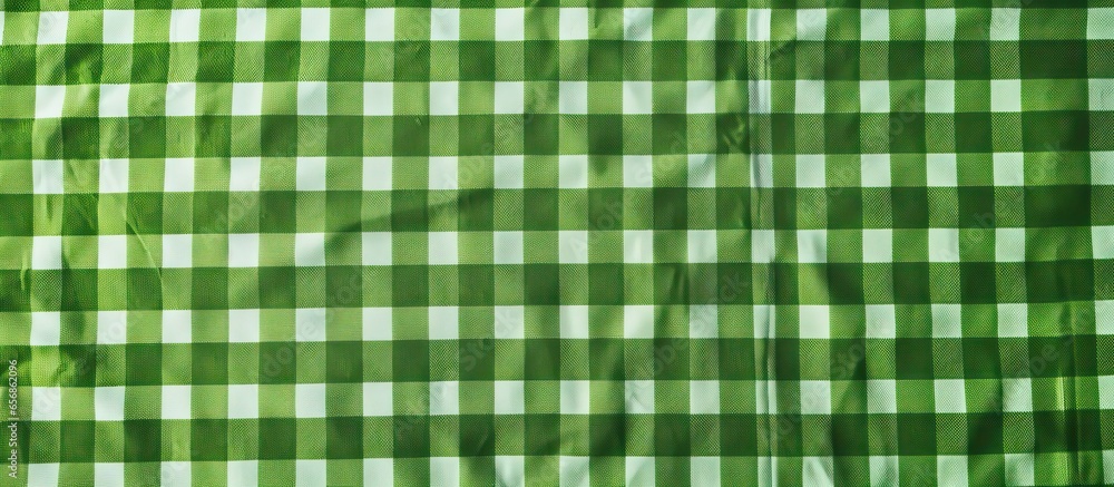 Poster top view of a checkered picnic tablecloth on fresh green grass with space for text