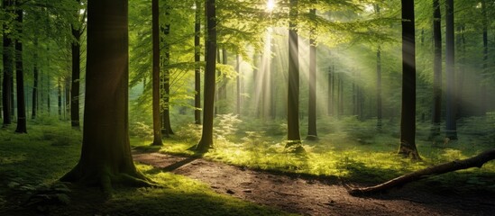 Fototapeta premium Gorgeous sun rays illuminate the summer forest