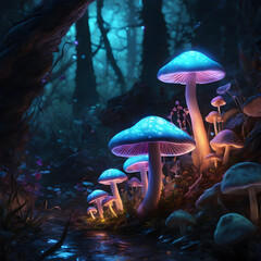 mushrooms in the forest. neon lighting