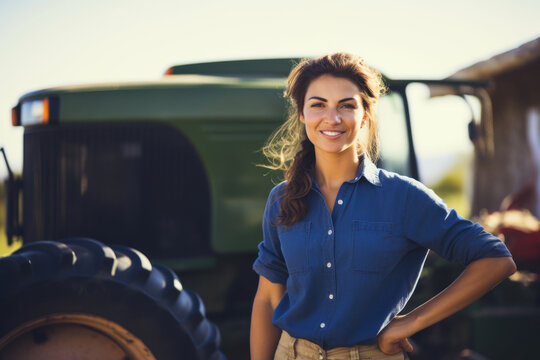 Portrait of smiling female farmer standing with hands on hip in front of tractor