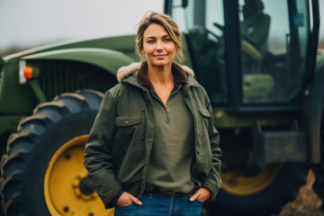 Portrait of a young woman standing with hands in pockets near tractor