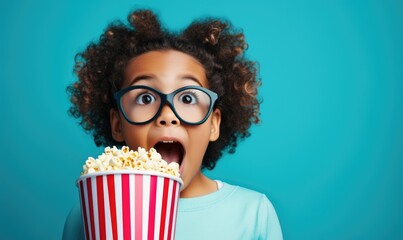 Excited woman eating popcorn while watching movie. - obrazy, fototapety, plakaty