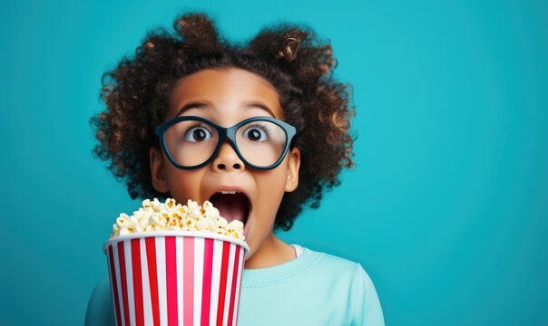 Excited woman eating popcorn while watching movie.