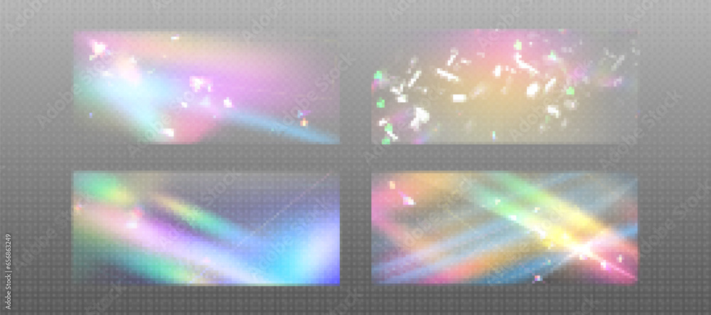 Poster prism rainbow light with flare effect background. crystal glass overlay texture with diamond iridesc