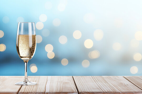 Glass with champagne on wooden table with abstract light blue background