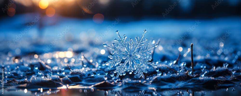 Poster bokeh bliss: macro snowflake on frozen terrain