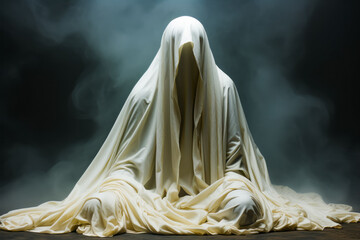 Ghostly figure covered in white cloth in front of dark background.