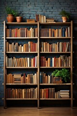 Bookshelf filled with lots of books next to brick wall. - obrazy, fototapety, plakaty