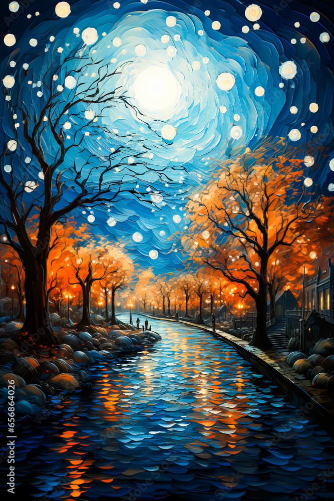 Wall mural image of night scene with river and trees.