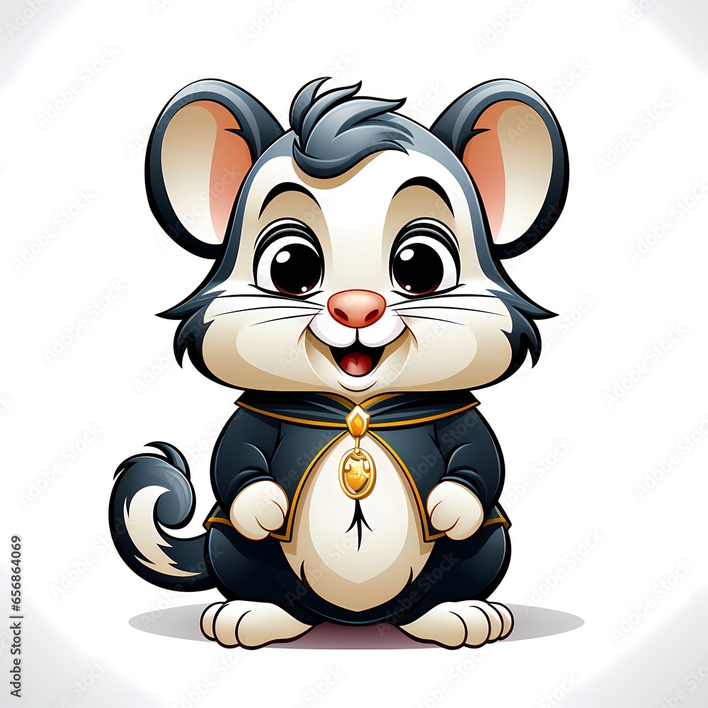 Poster Cartoon rat with golden bell around its neck sitting on white background.