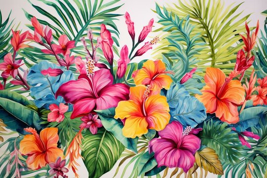 An intricate tropical motif showcasing retro-style flowers in watercolor. Generative AI