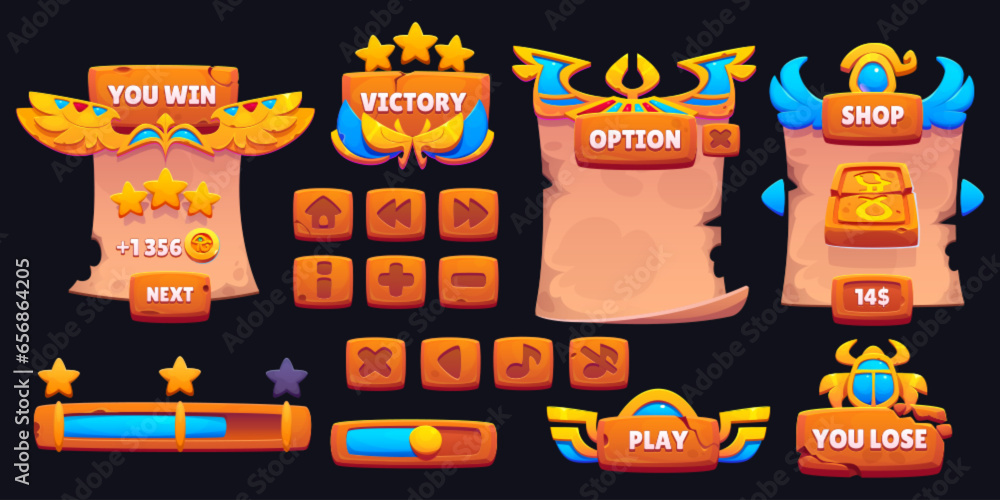 Poster egyptian game user interface elements and buttons. cartoon vector illustration set of ui menu and ba
