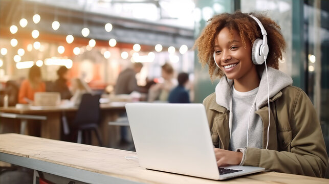 Girl With Headphones Sitting In Front Of Laptop