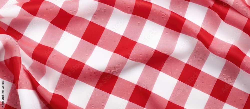 Poster red and white textured fabric with a scotch pattern viewed from the top on a white background with s