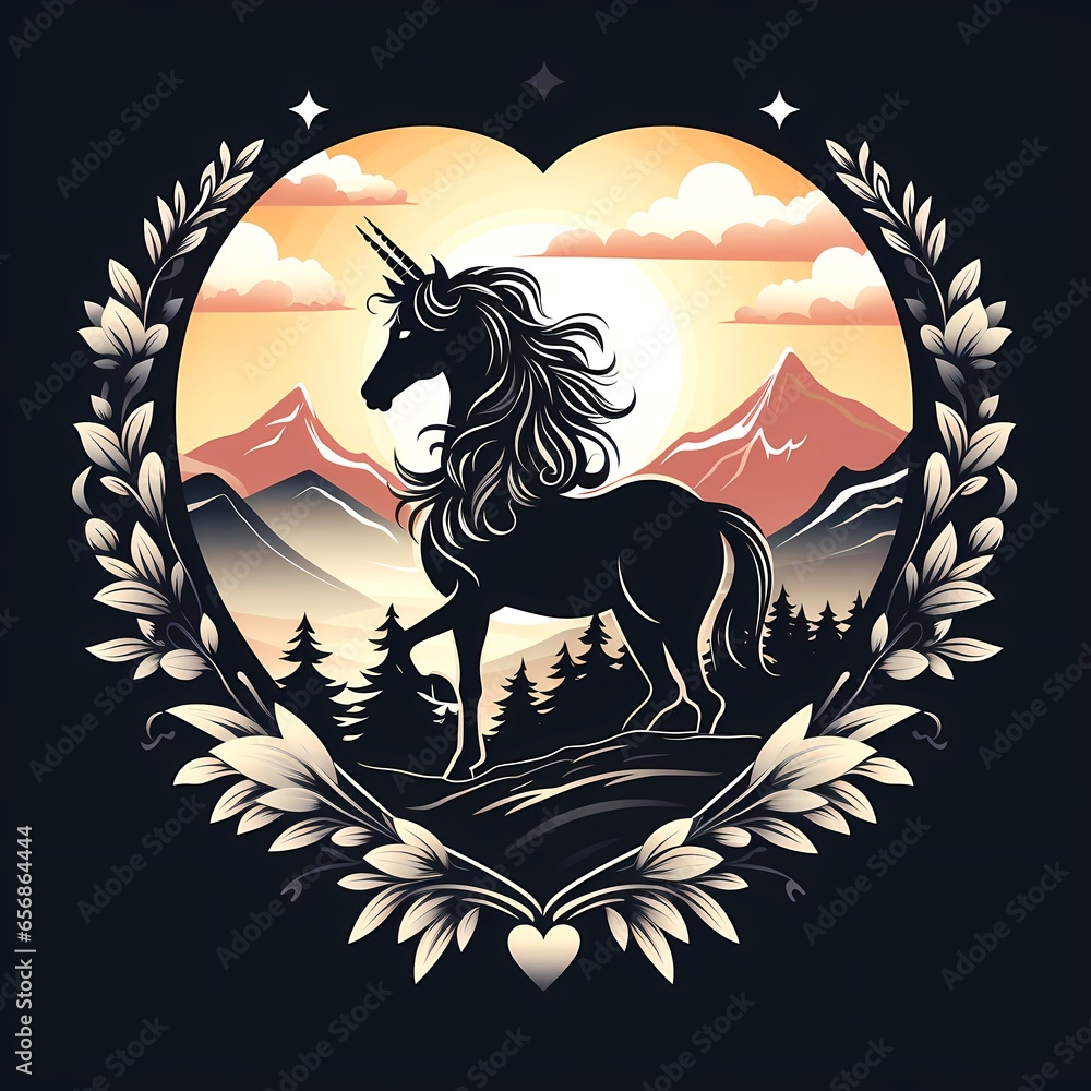 Sticker Unicorn standing on top of mountain surrounded by trees.