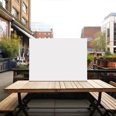 A  a large sheet of white paper while sitting at a table. Mock-up, template.
