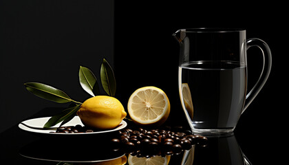 Obraz na płótnie Canvas Water with lemon in clear glass. Refreshing still life. Healthy eating concept