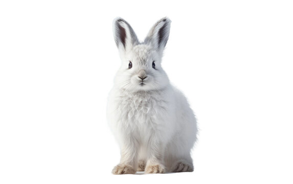 Standing White Snow Hare on White Transparent Background.