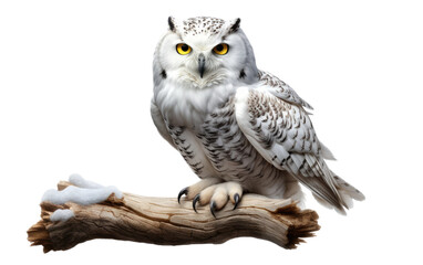 Sitting Snowy Owl On Branch of Tree on White Transparent Background.