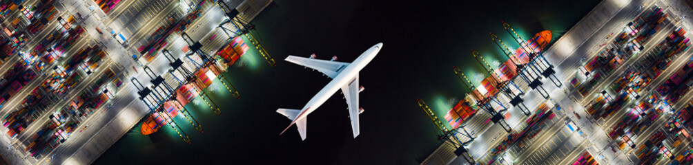 Aerial view of Air Transportation and Container ship loading and unloading at night, Cargo...