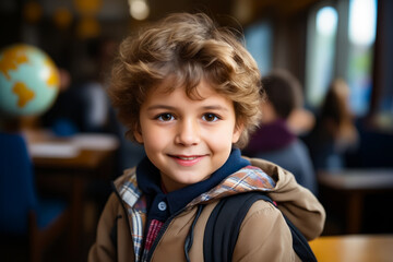 Young boy with backpack on smiling at the camera.
