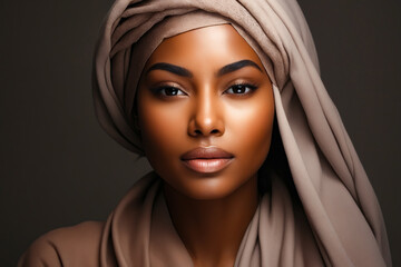 Woman with brown head scarf on her head and brown scarf on her head. - obrazy, fototapety, plakaty