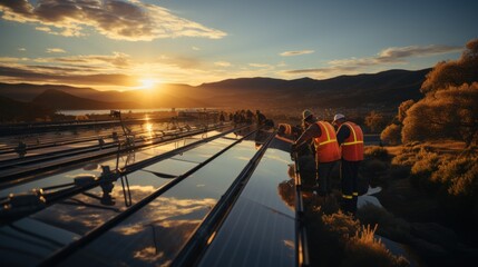 technician arranges solar cells to form solar panels on production line outdoors with sunset view - obrazy, fototapety, plakaty
