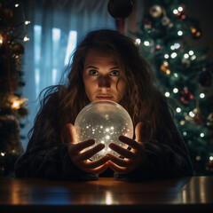 a woman, with a look of despair, completely inside a crystal ball, your hands should be placed om the glass, in background a christmas party with tree