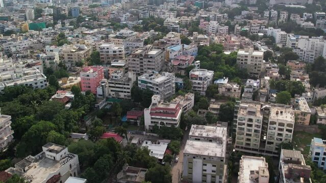 Aerial view of Hyderabad, the capital and largest city of the Indian state of Telangana. Residential and commercials. It occupies 650 km2 (250 sq mi) on the Deccan Plateau.
