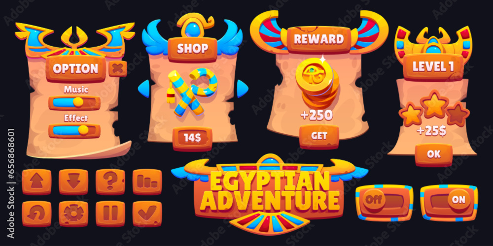 Poster egypt ui game interface vector button icon set. egyptian gui menu design kit with scroll banner temp