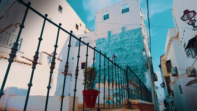 very beautiful alley between the houses of the casbah of Algiers in a sunny day with a blue sky