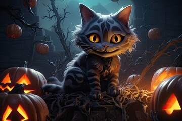 Creepy Halloween Background With Witch Cat And Pumpkins. Illustration. Generative AI