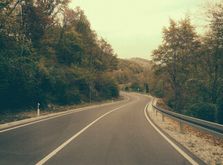 Fototapeta premium Driving on a highway in autumn forest. Road in mountain wood in fall. Adventure and travel concept.