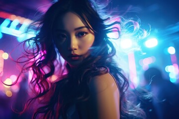 Obraz na płótnie Canvas Portrait of a beautiful young asian woman with long hair in night club