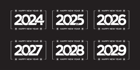 New Year Set 2024, 2025, 2026, 2027, 2028, 2029. Vector Illustration White on Black Background - obrazy, fototapety, plakaty