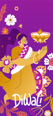 Banner for your phone with the theme of celebrating the Indian holiday Diwali. Design with flowers, a woman in national costume and candles. Vector illustration in cartoon style.
